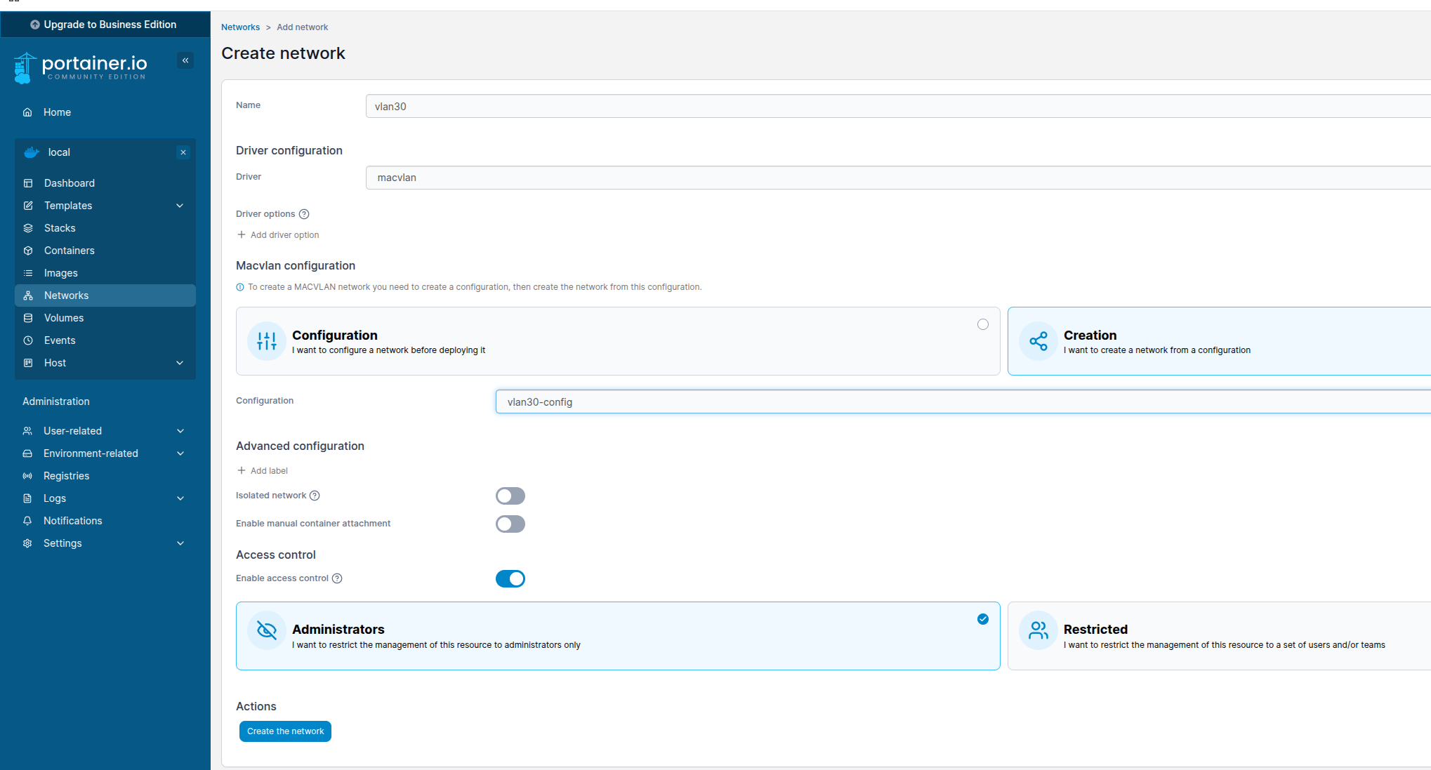 31 Creating another network and selecting the initially created vlan30 config